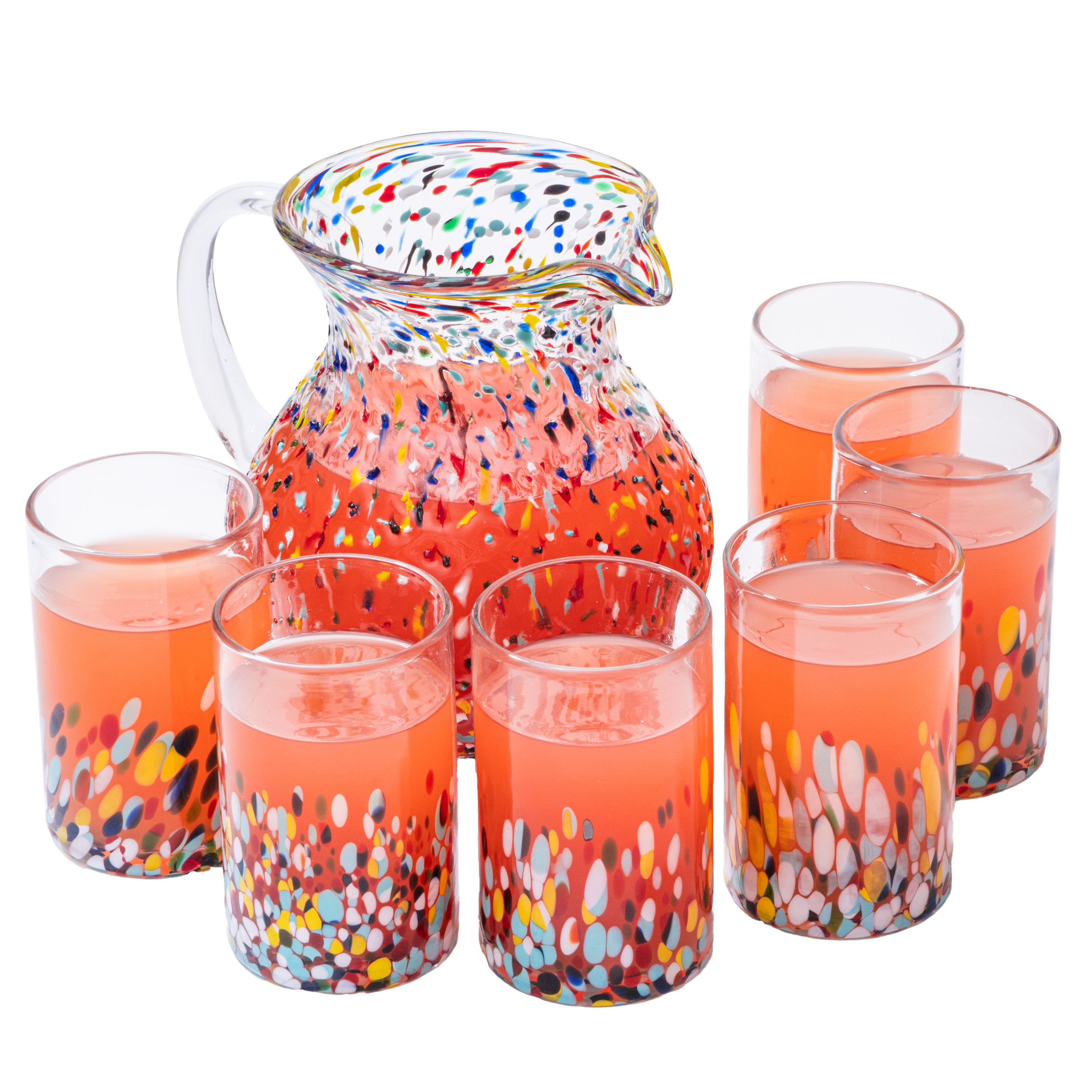The Wine Savant Hand Blown Mexican Drinking Glasses and Pitcher – Set of 6 with Mexican Confetti Design (14 oz each) and Pitcher (84 Ounces) (Confetti)